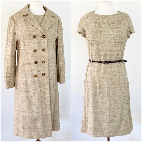 Vintage 1950s Beige Double Breasted Coat and Sheath Wiggle Dress // Size Medium - Picture 1 of 15